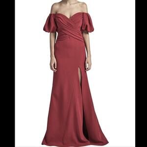 Rachel Gilbert Amalia Red Off the Shoulder Puff Sleeve Gown with Slit Size 8